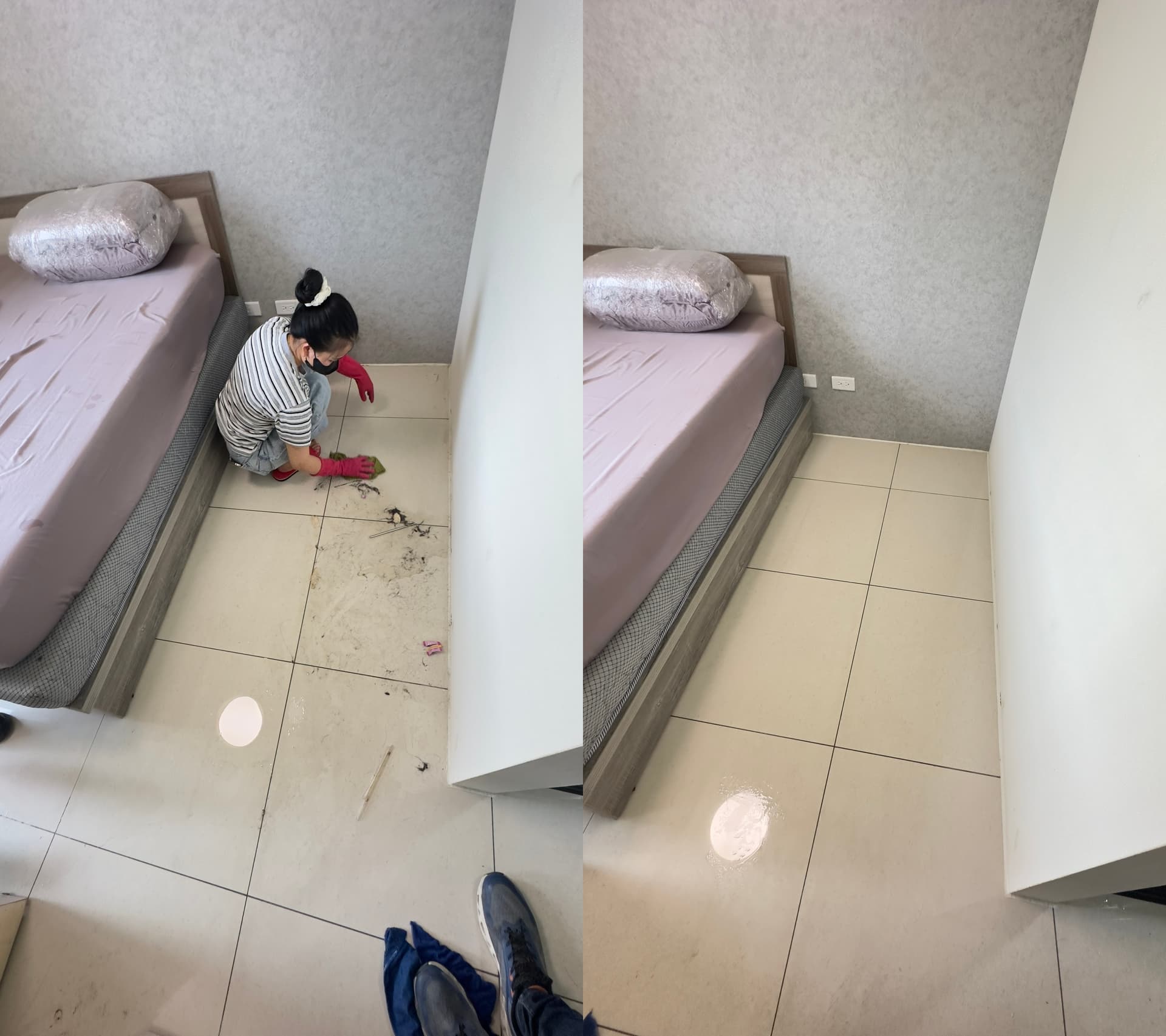 服務前 · 地板清潔比較，床底清潔比較